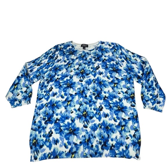 Lands' End Sweaters - LANDS' END Blue Floral Supima Cotton Crewneck Sweater 3/4 Sleeve Women's XL